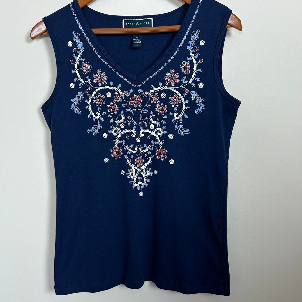 Red White Blue Patriotic Floral Embellished‎ Tank Top Womens M Summer